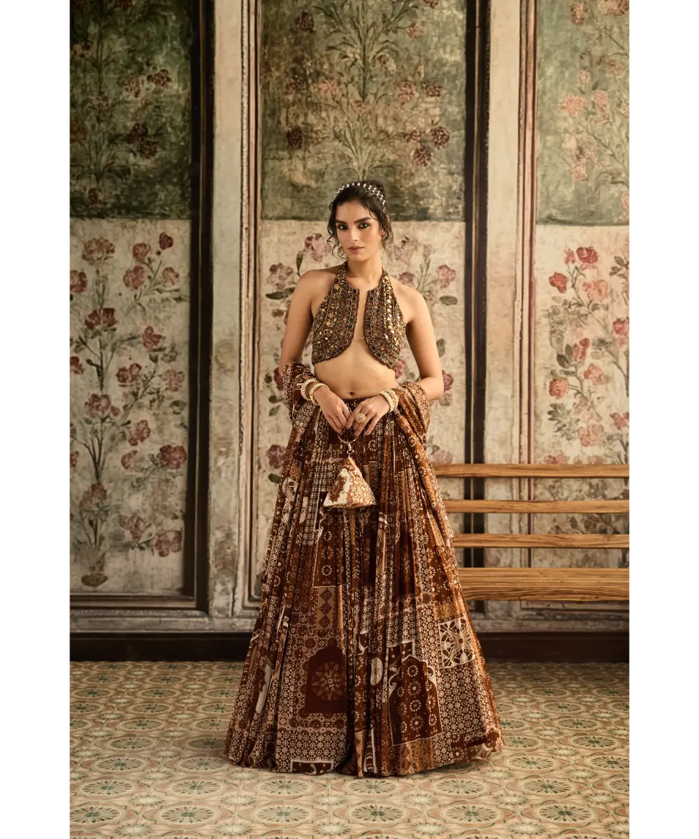 DIYARAJVVIR- Caramel Embroidered Halter Blouse with Printed Lehenga Set